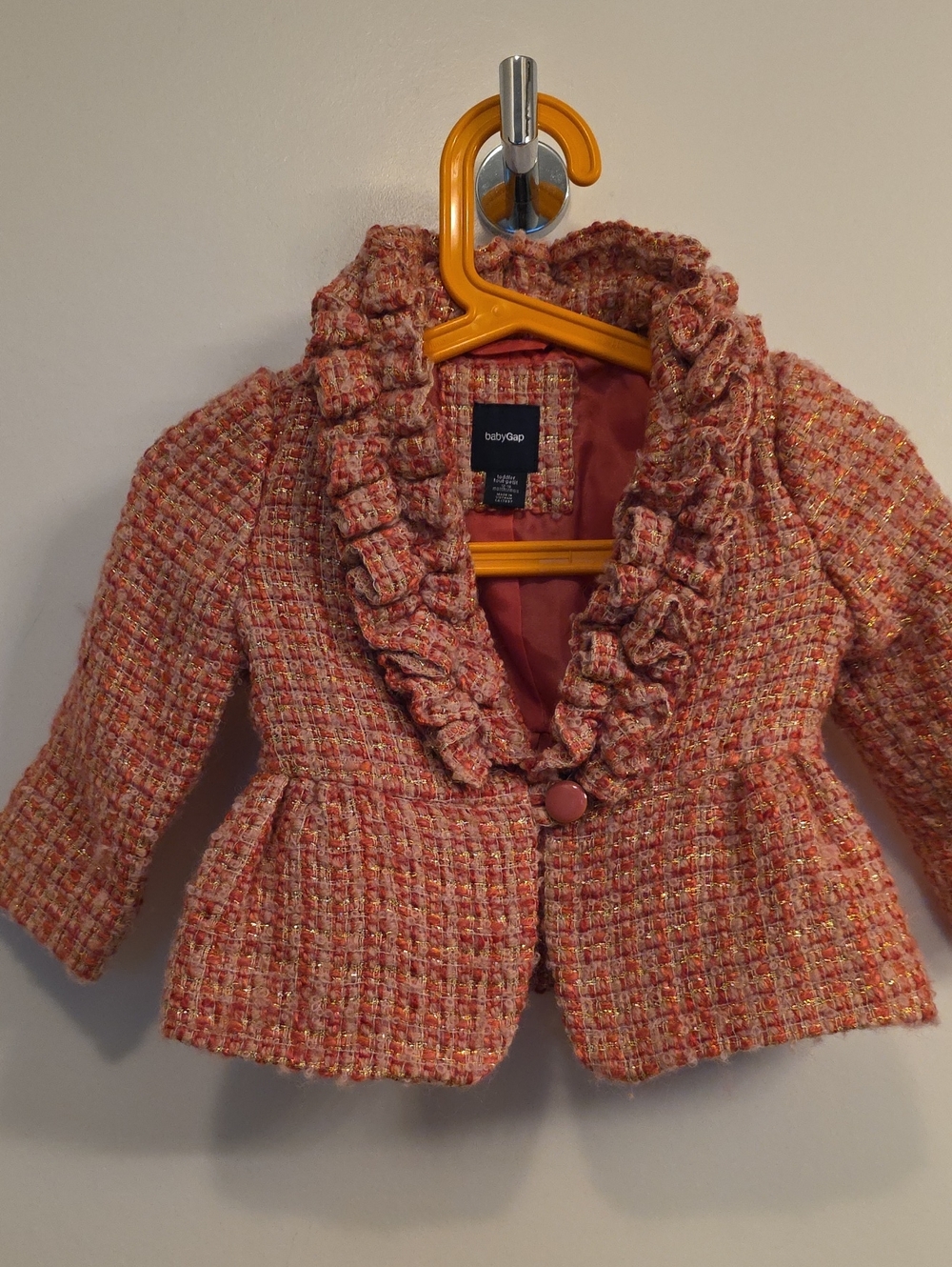 GAP Girls' Coral Pink Tweed Ruffle-Trim Jacket